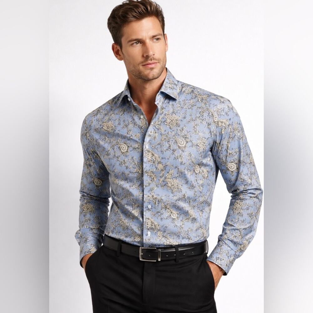 Bogosse Blue Paisley Button Down Shirt Mens Size 6 large  Designer Luxury